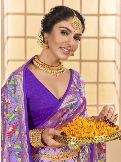 Alluring Lavender Ikkat Printed Cotton Traditional Saree With Blouse